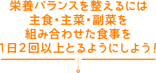 栄養バランスを整えるには主食・主菜・副菜を組み合わせた食事を１日２回以上とるようにしよう！