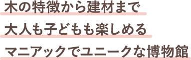 木の特徴から建材まで大人も子どもも楽しめるマニアックでユニークな博物館