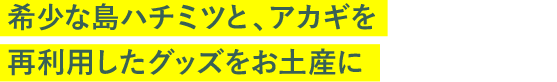 希少な島ハチミツと、アカギを再利用したグッズをお土産に